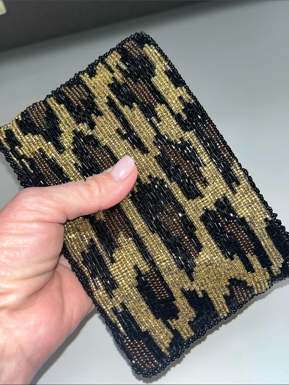 Source Unknown Gold, Black & Brown Beaded Leopard Clutch Evening Bag